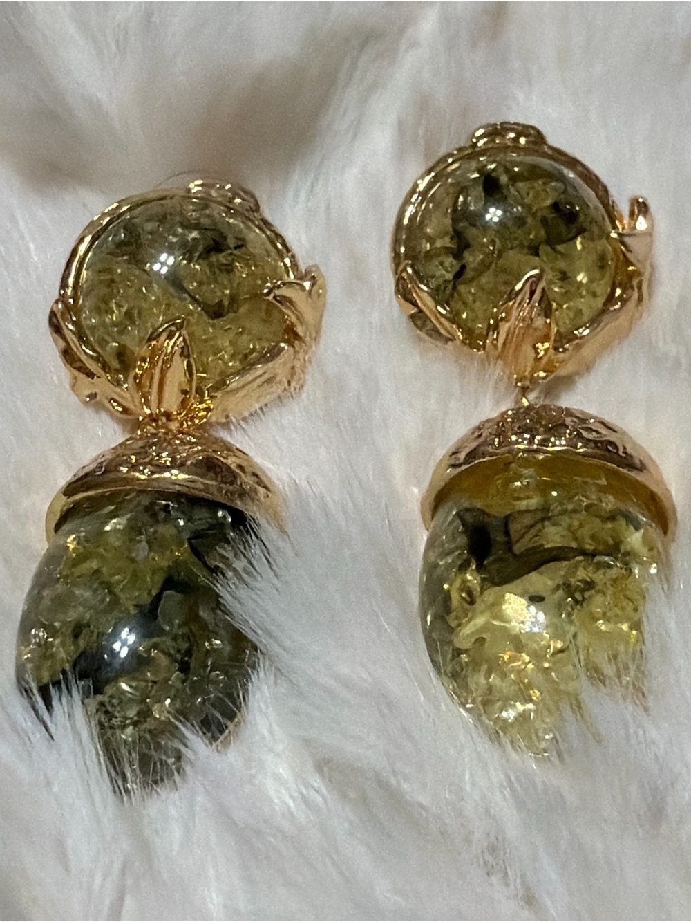 Gold-Tone Green Amber Drop Earrings